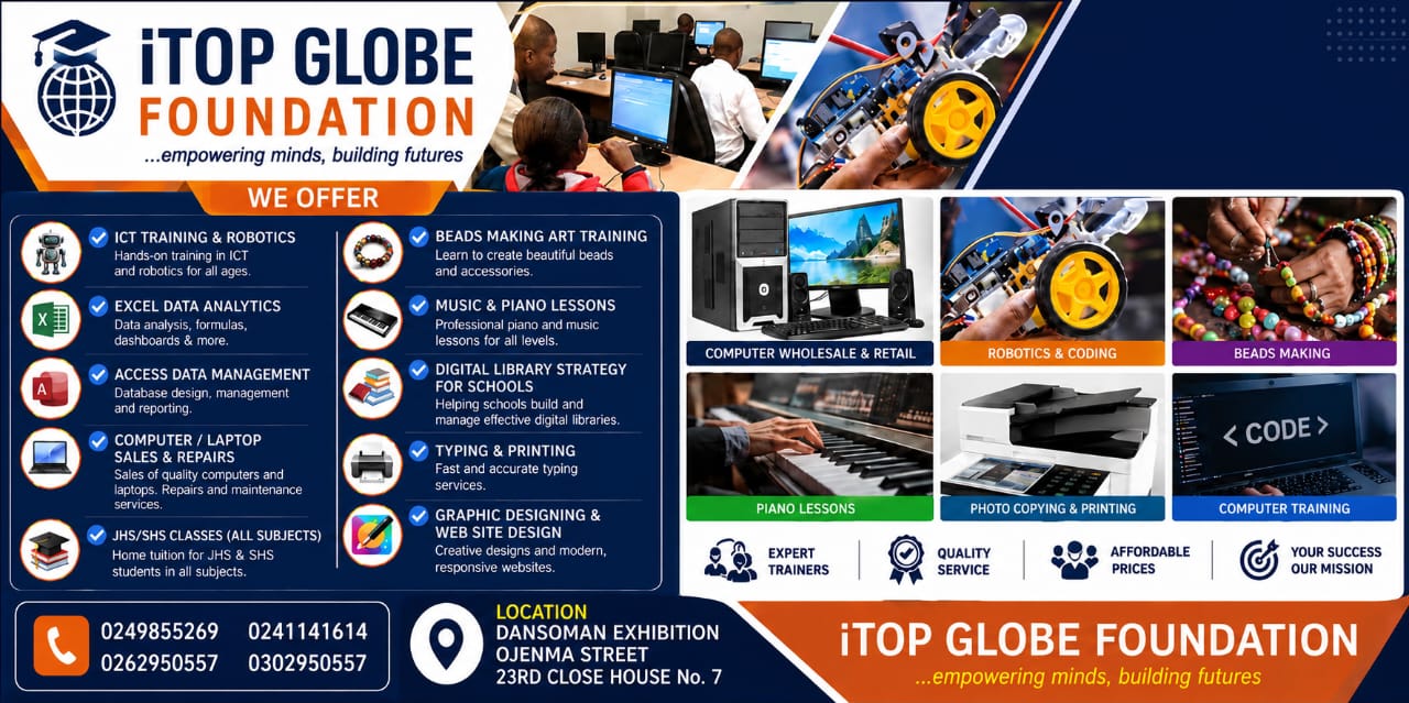 iTop Globe Foundation flyer showing services and contact details
